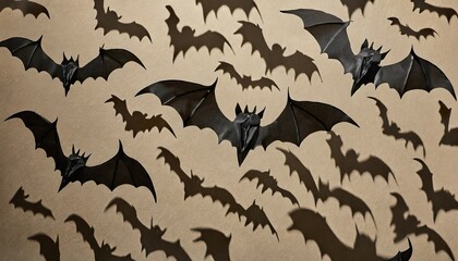 halloween pattern of black flying bats with shadows on neutral beige background