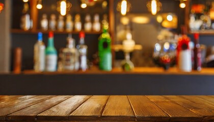 defocused background and bottles of restaurant bar or cafeteria background wooden table top for product display