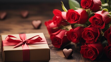 Valentine's scene with a bouquet of red roses and a box of chocolates. - 696083557
