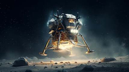 A historic Apollo Lunar Module landing on the Moon in a starry sky is a powerful and evocative image that evokes feelings of wonder, awe, and possibility. ai generated. - obrazy, fototapety, plakaty