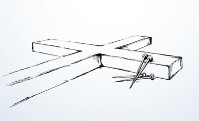 Wooden cross and iron nails. Vector drawing