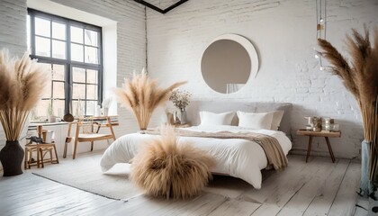 spacious airy white industrial loft bedroom with bed mirror and pampas grass decoration - obrazy, fototapety, plakaty