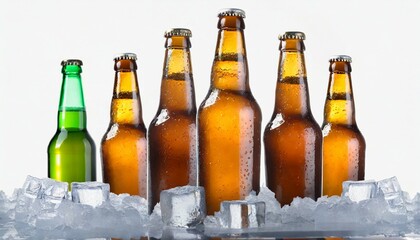 glass bottles of beer in ice cubes on white