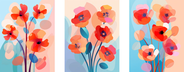 set of patterns with red poppy flowers