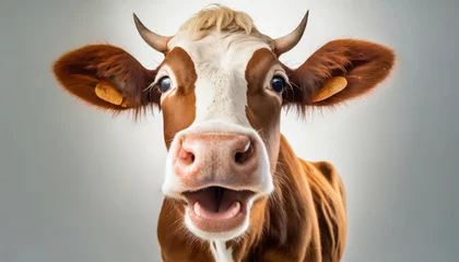 Foto op Plexiglas surprised cow with goofy face mooing and looking at camera on white background close up portrait of funny animal © Patti