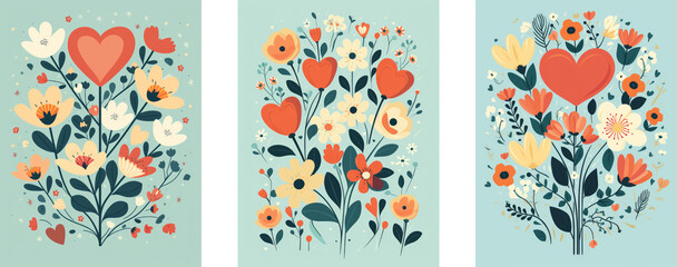 set of backgrounds with flowers in retro groovy style
