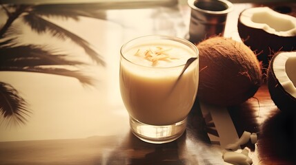 Authentic Coquito or Coconut Eggnog in a glass beaker. Christmas Latin American drink. Close-up