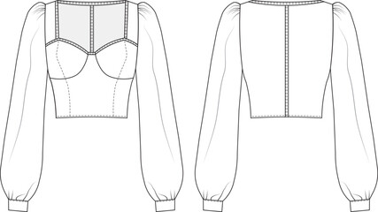 square neck long balloon sleeve zippered cropped blouse template technical drawing flat sketch cad mockup fashion woman design style model - obrazy, fototapety, plakaty