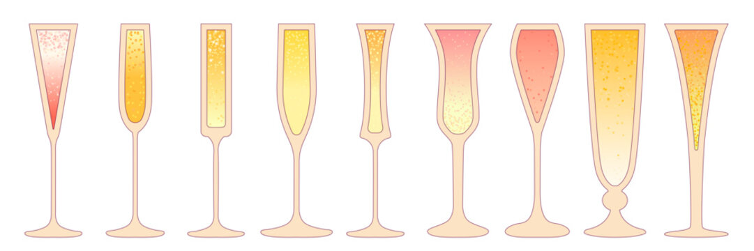 Vector flat illustration with gradient and outline. Alcohol refreshing drink. Champagne and wine in a glass. Cocktail beverage for celebration and bar