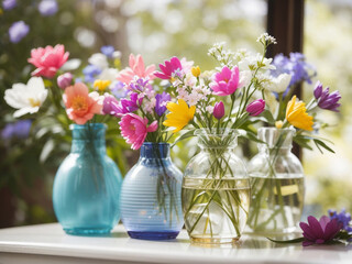
Blooming Elegance: Spring Flowers Adorning Vases in a Captivating Stock Photo