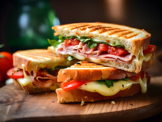Close up of panini sandwich with ham and cheese, wooden kitchen table, blurry background  - obrazy, fototapety, plakaty