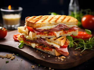 Delicious panini sandwich with ham and cheese on wooden table, blurry background  - Powered by Adobe