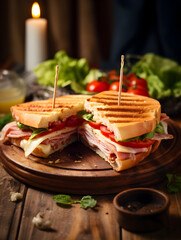 Panini sandwich with ham and cheese, wooden kitchen table, blurry background