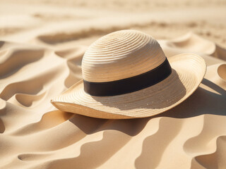 Fototapeta na wymiar Sunshine Essentials: Straw Hat, Sunglasses, Beach Towel on Beach Sand - Coastal Vibes