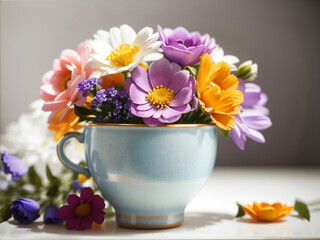 
Summer Blooms: Flowers in Ceramic Cup on Light Background - Floral Elegance