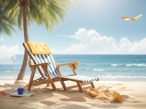 
Summer Serenity: Beach, Sea, Sand, Deck Chair - 3D Render Banner