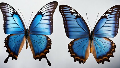 set two beautiful blue tropical butterflies with wings spread and in flight on white background...