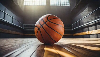 low angle view of basketball on wooden gym floor - obrazy, fototapety, plakaty