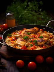 Close up of one pan chicken and rice dish with fresh tomatoes on top