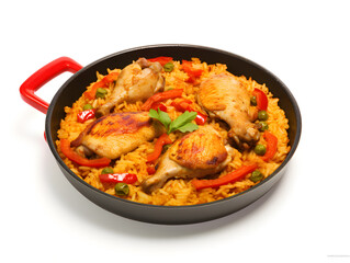 One pan chicken and rice dish with red peppers, white table