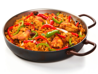 One pan chicken and rice dish with red peppers, white table