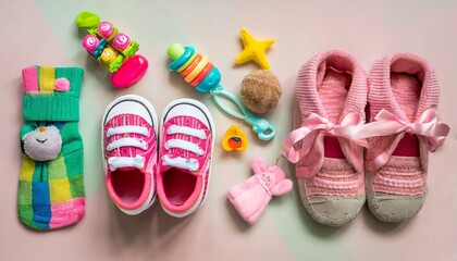 pink socks shoes and toys set of baby stuff and accessories for girl on pastel background baby shower concept fashion newborn flat lay top view