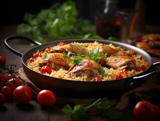 One pan chicken and rice dish with vegetables, wooden table and blurred background