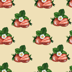 Seamless pattern with fresh and juicy strawberries beige background, hand drawn watercolor illustration. Ideal for background, fabric and textile, postcard, packaging, scrapbooking.