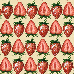 Seamless pattern with fresh and juicy strawberries and strawberry halves isolated on beige background, hand drawn watercolor illustration. For background, fabric and textile, postcard, packaging.
