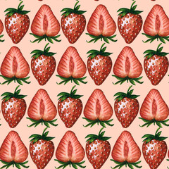 Seamless pattern with fresh and juicy strawberries and strawberry halves isolated on beige background, hand drawn watercolor illustration. For background, fabric and textile, postcard, packaging.