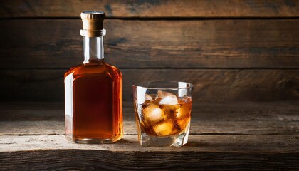 bottle and glass of whiskey with ice on a wooden background - obrazy, fototapety, plakaty