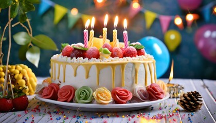 happy birthday cake with candles - obrazy, fototapety, plakaty
