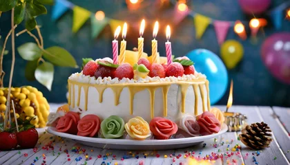 Foto auf Glas happy birthday cake with candles © Wendy