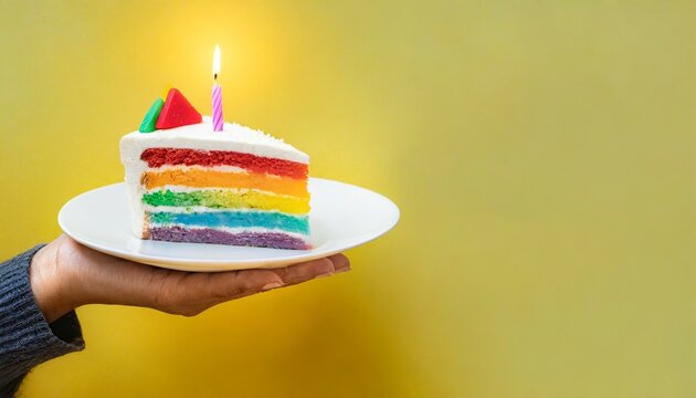 female hand holding white plate with slice of rainbow cake with birning candle in the shape of star on yellow background happy bithday party concept wide banner copy space