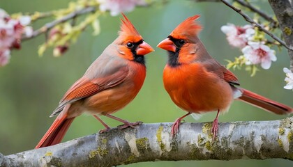 northern cardinal pair in spring - obrazy, fototapety, plakaty