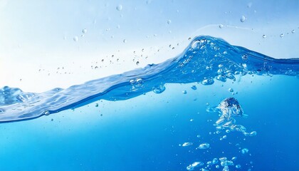 blue pure water wave liquid with drop and bubbles white wide panorama background sea ocean freshness and cosmetics concept background - obrazy, fototapety, plakaty