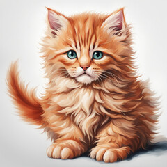 Red fluffy cute kitten sitting on white background. Cute animal in cartoon style. Beautiful illustration of a kitten, drawing of a pet, cat. Love for pets.