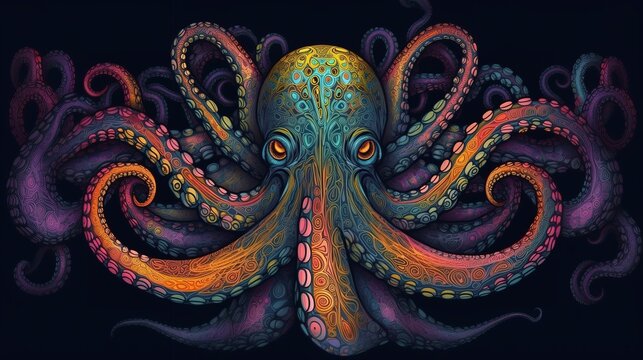 Illustration of abstract octopus in psychedelic colors.