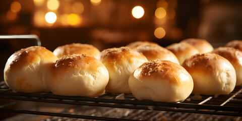 Close up of fresh baked dinner roll buns on a baking rack, blurry background	