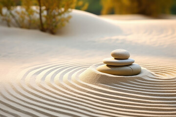 Fototapeta na wymiar Stones relaxation zen sand spirituality rock garden meditation simplicity calm balance