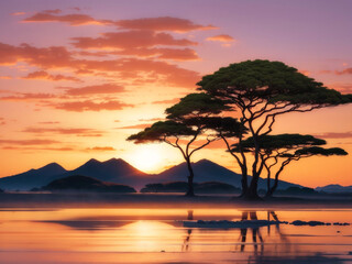 Fototapeta na wymiar African Twilight: Sunset in Africa - 3D Rendering in the Style of a Painting