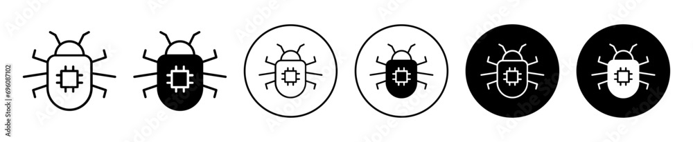 Aufkleber Computer bug icon. cyber security antivirus software bug being attack by online digital hacker using spyware technology symbol. internet cyber computer bug virus or malware vector set