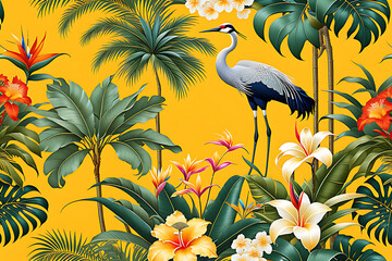 landscape with palm trees and birds