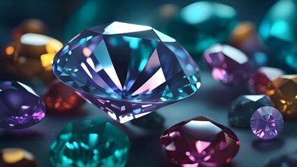 An images featuring close-up views of various diamond-shaped gemstones on a black background. The gemstones display vibrant colors and brilliant facets, emphasizing their luxury and rarity.