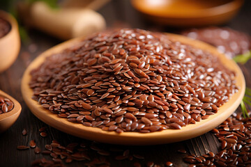 flax seeds in wooden bowl on the table
