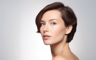 Close up photography perfect beauty face of happy young beautiful woman face and positivity with short hair. skin copy space for your advertisement, Facial skincare concept. Generative ai