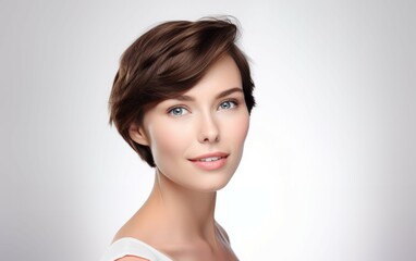 Close up photography perfect beauty face of happy young beautiful woman face and positivity with short hair. skin copy space for your advertisement, Facial skincare concept. Generative ai