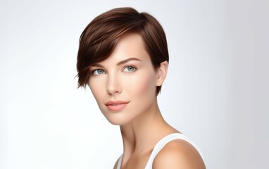 Close up photography perfect beauty face of happy young beautiful woman face and positivity with short hair. skin copy space for your advertisement, Facial skincare concept. Generative ai