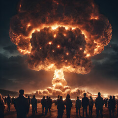 Large crowd looking at big nuclear explosion at night