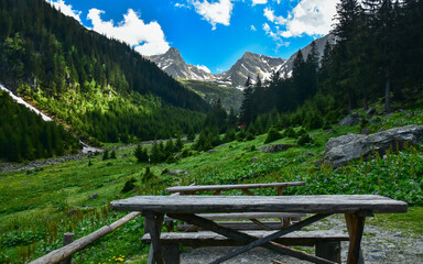 A wooden bench with a table in an alpine meadow in Fagaras Mountains. The rustic objects are...